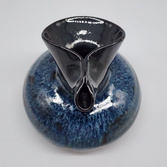 Vintage Born Polly Studio Pottery Vase Pinched Flared Rim & Blue Drip Glaze - Picture 7 of 8